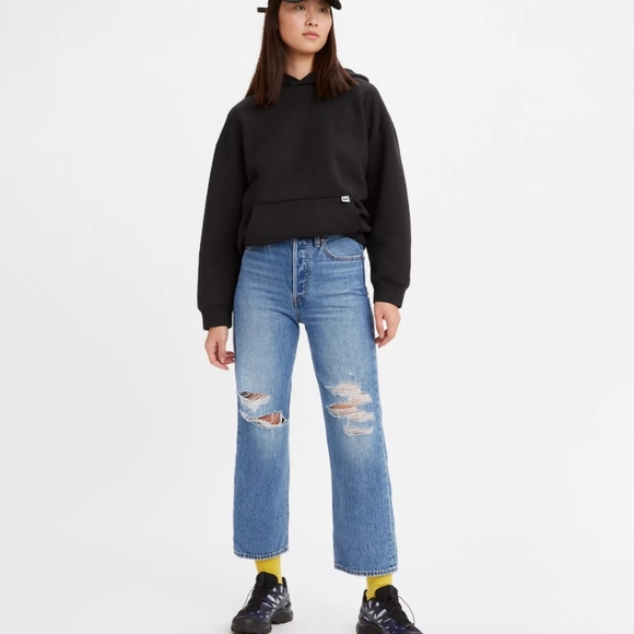 Levi's RIBCAGE STRAIGHT ANKLE CROPPED DISTRESSED JEANS Blue Size 24 - Picture 5 of 16